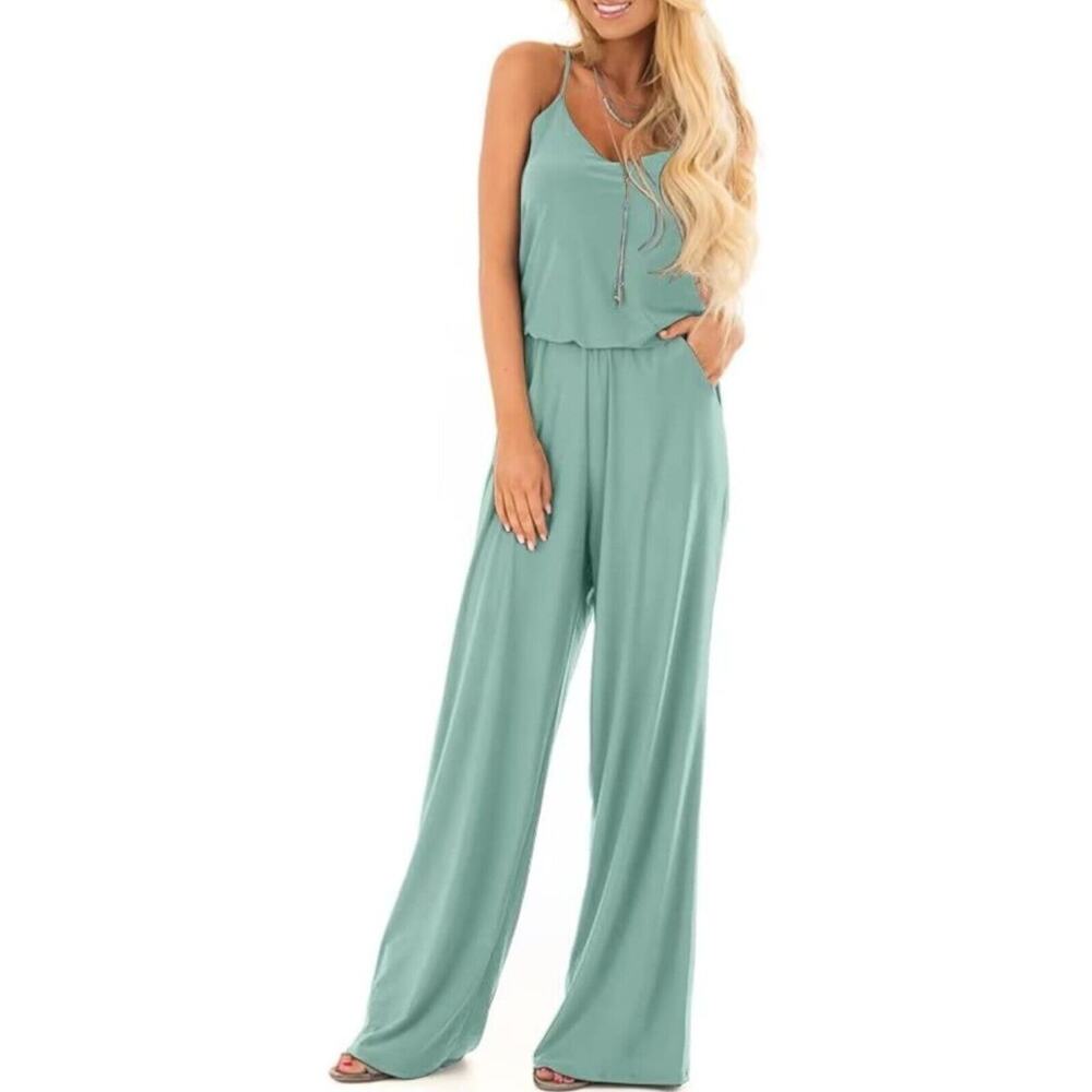 Lacozy Womens Casual Loose Spaghetti Strap Wide Leg Jumpsuit Romper Medium